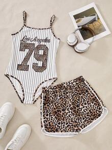 SHEIN 2pcs/Set Teen Girl Knitted White Summer Gothic Leopard Print & Letter Camisole And Shorts Set,Suitable For Sports,Cycling,Running,Basketball Wear - Brown - View 6