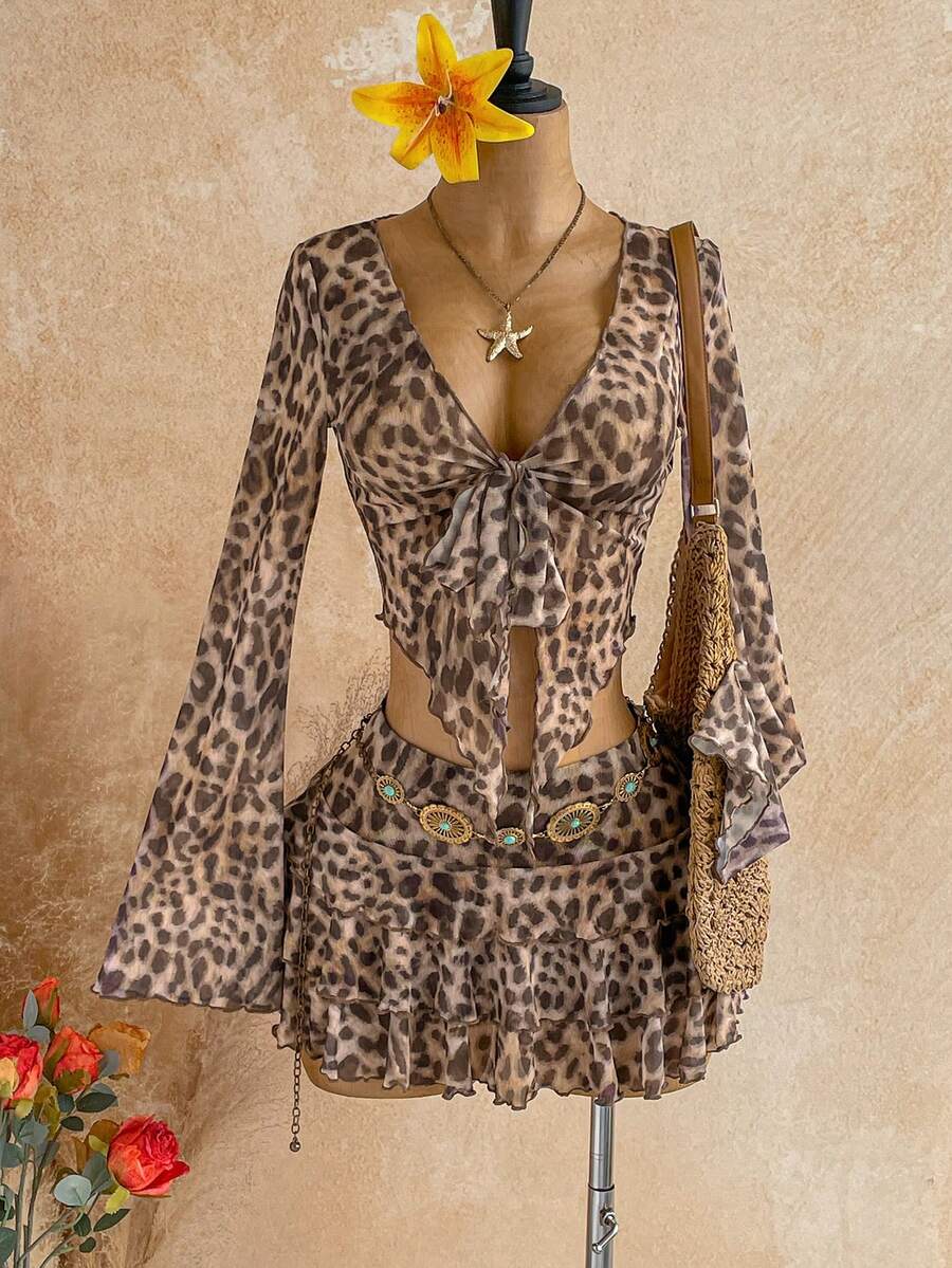 Soleia American Hot Girl Style Leopard Print Mesh Sheer V-Neck Lace-Up Waist Cinched Multi-Layer Ruffle Bell Sleeve Two Pieces Set - Multicolor - View 1