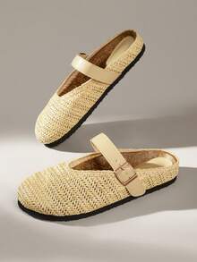 Solecia Women's Slip-On Thick Soled Mule Loafers, Casual Spring/Autumn Shoes For Christmas - Woven grass yellow - View 8