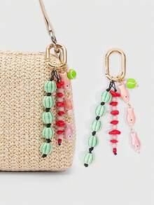 ROMWE Kawaii 1 Piece Spring Summer Dopamine Style Colorful Beaded Bag Keychain Pendant, Woven Rope Bag Charm, DIY Hanging Ornament - Pink - View 5