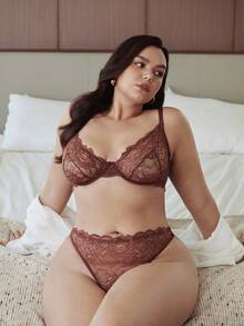 Slumbrini 1 Set Women Plus Size Solid Color Lace Underwire Comfortable Bra Set, Lift - Redwood - View 1