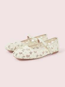 CUCCOO DOLLMOD Women's Shoes, Apricot Flower Mesh Square Toe Flats, Embroidered Retro Mary Jane Mesh Shoes - Apricot 1 - View 2