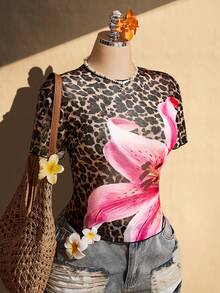 SHEIN ICON 女款大尺碼花卉豹紋圓領短袖休閒上衣 - 彩色 - 查看 7