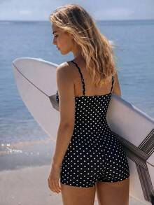 Swim SPRTY 2026 New Year New Style Summer Women's Surfing One-Piece Swimsuit With Adjustable Straps, Personalized Fashion Black And White Polka Dot Pattern, Beach Pool Party Vacation, Spring Summer - Black and White - View 2