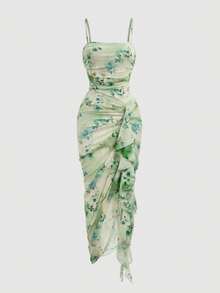 2026 New vestidos casual  Vestido de mujer con unicolor, volantes fruncidos y dobladillo asimétrico, vestido de tirantes azul, conjunto de ropa de verano para mujer, atuendos para despedida - Verde - Ver 4