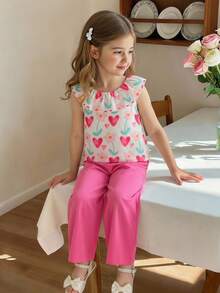 SHEIN Elladie kids 2件組少女夏季新款活力風愛心與花朵印花無袖荷葉領上衣搭配玫瑰粉休閒長褲套裝，適合日常出遊、公園、度假、海灘、派對、開學，春夏季適用 - 玫紅色 - 查看 6