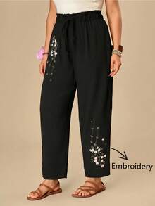 Travachic Plus Size Women's Floral Print Pleated Casual Traditional Boho Versatile Daily Travel Bussines Vacation Long Pants Black And White Autumn Fall - Black - View 1