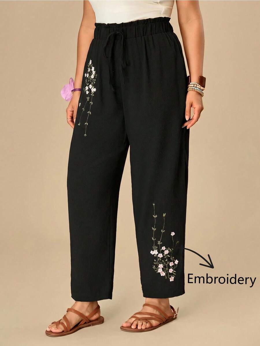 Travachic Plus Size Women's Floral Print Pleated Casual Traditional Boho Versatile Daily Travel Bussines Vacation Long Pants Black And White Autumn Fall - Black - View 1
