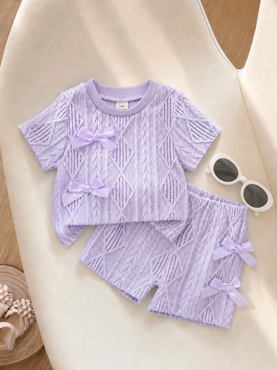 SHEIN 女婴休闲时尚日常圆领短袖露脐蝴蝶结粉色T恤和松紧腰短裤两件套