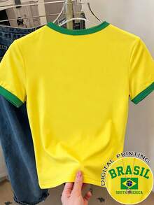 SHEIN 青少年女孩美式運動風巴西國旗 BRASIL 南美洲字母印花對比條紋短袖T恤，適合夏季出遊、運動、世界盃活動等 - 彩色 - 查看 2