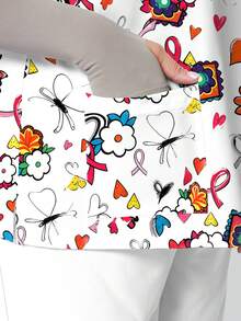 PopScrub Atasan Wanita Ukuran Besar Warna Putih Motif Kartun Bunga, Kupu-kupu, dan Pita, Model V-Neck Lengan Pendek dengan Saku, Tali Telinga, dan Desain Belahan, Atasan Seragam Kerja, Seragam Perawat Musim Semi/Panas, Atasan Seragam, Cocok untuk Rumah Sakit, Salon Kecantikan, dan Berbagai Institusi - MultiWarna - View 3