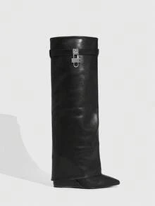 CUCCOO SZL Women's Pointed Toe Buckle Decor Tall Boots - Black - View 3