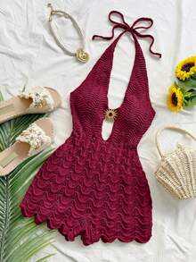 Women's Jumpsuit With Crochet Texture, Open Back, Halter Neck And V-Neck, Perfect For Beach Vacations - Black - View 6