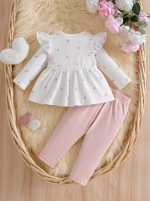 SHEIN Newborn Spring/Autumn Brown Heart Print Top With Bow Knot Decor Pure Black Long Pants 2-Piece Set Suitable For Outings, Sports, Christmas Parties - Baby Pink - View 2