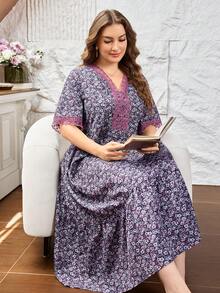 Lacomfia Summer Multicolor Print Patchwork Dark Purple Lace Trim Casual Elegant Plus Size Women's Dress Party - Multicolor - View 4