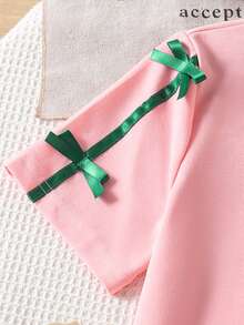 SHEIN Genkimix Kids 女童休閒時尚日常圓領短袖短版黑色T恤配3D蝴蝶結裝飾與直筒寬鬆長褲夏季套裝 - 綠色 - 查看 3