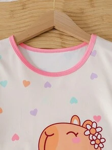 Conjunto de pijama divertido con estampado de corazón y carpincho para niña preadolescente, 2 piezas - Albaricoque - Ver 4