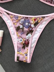 Costavie 夏季海灘女款兩件式套裝 刺繡亮片迷你罩杯雙肩帶上衣比基尼 雙繩泳褲 性感海灘度假泳裝套裝 - 粉色 - 查看 6
