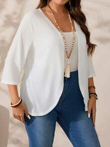 SHEIN PETITE CURVE Chaqueta casual de talla grande de unicolor para vacaciones - Blanco - Ver 5
