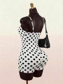 SaltGleam SaltGleam Spring Summer White With Black Polka Dots Spaghetti Strap Fitted Jumpsuit Cowl Neck Sleeveless Slimming American Vintage Bandage Hot Girl Style - Black and White - View 2