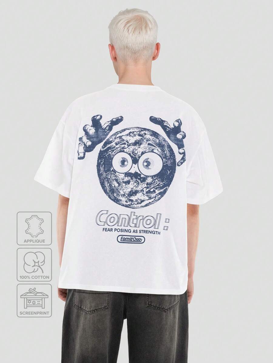 FORM&CHAOS [100% Cotton]Men's Loose Fit Graffiti Print Short Sleeve Cotton T-Shirt, Summer - White - View 1