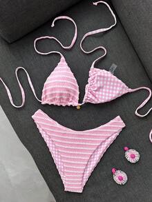 Swim Mod 女款甜美粉色花卉圖案雙色特殊雙層布料掛脖比基尼套裝，適合海灘度假 - 粉色 - 查看 4