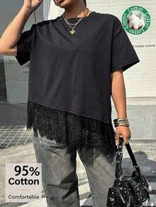 Comfortcana 大尺碼夏季休閒素色蕾絲拼接T恤 - 黑色 - 查看 5