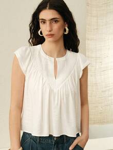 Breezaya Blusa da donna in misto lino e finta seta bianca, stile bohémien francese, vestibilità ampia e snellente, scollo a V, casual per uso quotidiano, top estivo a righe con pieghe e scollo a V per vacanze, abbigliamento estivo, per pendolarismo, blusa elegante - Bianco - Visualizzare 5