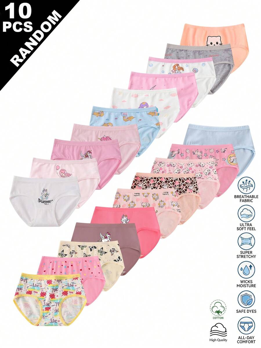 SHEIN [10件隨機混裝]女童幼童簡約時尚滿版印花卡通動物愛心小馬草莓圖案隨機10件組三角內褲女童內衣 - 彩色 - 查看 1