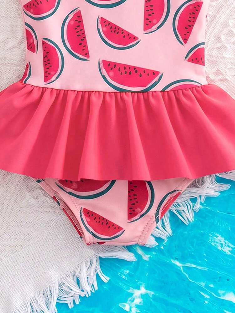 SHEIN 女嬰西瓜印花荷葉邊泳衣連身泳裝 - 粉色 - 查看 5