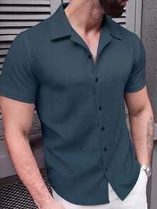SLATEMANN Men's Textured Single-Breasted Casual Versatile Short Sleeve Shirt - Cadet Blue - View 6