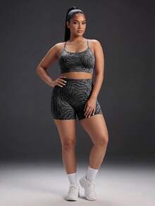 Powerista Ensemble de sport femme sans couture grande taille avec débardeur et short imprimé zèbre - Gris - Voir 4