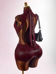 Amplova Women's Tight Burgundy Jumpsuit Backless Deep V-Neck Waist Cutout Snake Skin Pattern Stretchy Summer Club Night Out Night Rave Avant-Garde Sexy - Burgundy - View 2