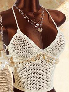 Amplova Women's Knitted 2 Pieces Set, Halter Backless Top With Starfish Shell Details, A-Line Mini Skirt White Summer Chic Boho Elegant Holiday Vacation Beach - Apricot - View 8