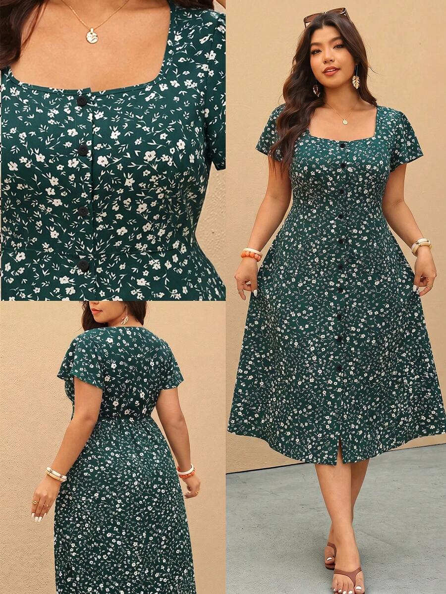 Elaquor 大码U领短袖休闲碎花夏季日常连衣裙 - 綠色 - 查看 1