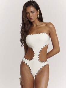 SHEIN BAE Women'S Summer Vacation Beach Patchwork Striped Hollow-Out Bandeau One-Piece Swimsuit Bathing Suits For Women One Piece Swimsuit Women - White - View 3