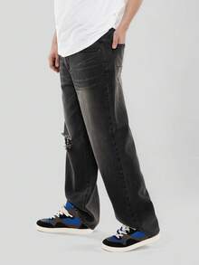 FORM&CHAOS Men's Vintage Streetwear Distressed Pocket Button Loose Fit Denim Jeans Holiday Black Summer - Black - View 5