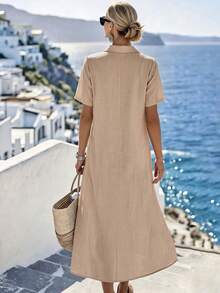 Isle Nomé Women's Casual Modest Vacation Loose Faux Linen V-Neck Pleated Bohemian Style Short Sleeve Dress For Spring And Summer Light Beige - Khaki - View 2