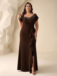 Coutiva Plus Size Women's Rhinestone Decorated Patchwork Ruffle Elegant Bridal Mother Dress - Brown - View 8