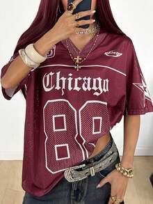 Coolane 女款春夏 Y2K 街頭風復古透氣網眼圖案數字印花足球 T-shirt - 酒紅色 - 查看 3