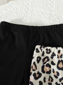 SHEIN Vintaside Kids 2件組豹紋喇叭褲女嬰款，咖啡色與黑色，四季新款休閒舒適開衩長褲，附可愛蝴蝶結 - 黑色 - 查看 4