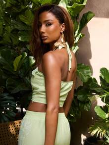 NYA SZN Anika Top Monstera Plant Floral Linen Look Embroidered Beach Vacation Poolside Yatch Brunch Casual Sexy Outfits For Women Sage Green Summer - Green - View 2