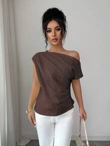 Elenzga Women's Spring/Summer New Elegant Sexy Asymmetric Shoulder Design Textured Pleated Minimalist Solid Color Loose Fit Slimming Suitable For Dark Brown - Brown - View 5