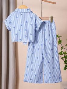 SHEIN Playful Pals 女童條紋領無袖鈕扣上衣與直筒長褲兩件套 - 彩色 - 查看 2