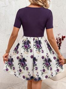 SHEIN Clasi Women's Vacation Ribbed Patchwork Floral Print Short Sleeve Dress Brunch Dark Purple Summer Cute Casual - Purple - View 2