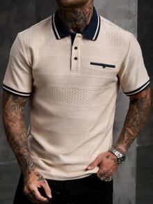 Manfinity CasualCool Men's Colorblock Casual Versatile Daily Business Work Outing Short Sleeve Polo Shirt Cream Summer Old Money,Daily Leisure,Gift Party Vacation Holiday - Khaki - View 5