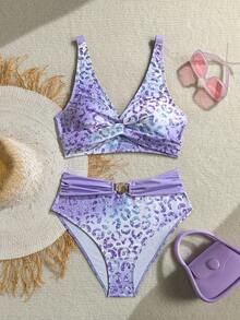 Swim Lushoire Conjunto de traje de baño de dos piezas para mujer madura y conservadora, nuevo para primavera/verano, con estampado de leopardo degradado en color púrpura y doble tirante en los hombros - Multicolor - Ver 5
