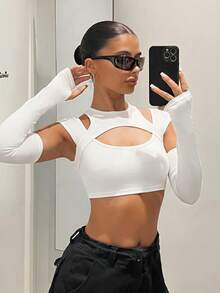 SHEIN ICON Y2k 前開衩黑色短版上衣附袖套 - 白色 - 查看 1
