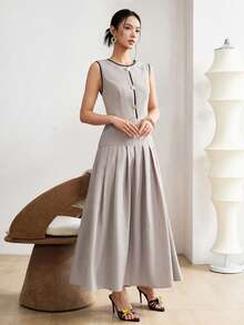 Heiryn Women's Contrast Trim Round Neck Pleated Casual Party Long Dress - Apricot - View 7
