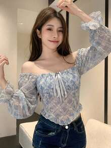 DAZY 夏秋藍色格紋婚禮宴會優雅蕾絲拼接抽繩綁帶露肩長袖女款襯衫 - 淺藍色 - 查看 2